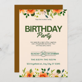 Beige Green Simple Floral Geburtstag Einladung