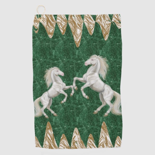 Beige Green White Horse Golf Handtuch (Vorderseite)