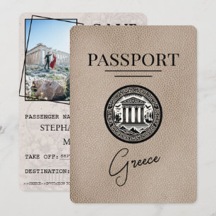 Beige Griechenland Reisepass Save-the-Date-Karte Save The Date