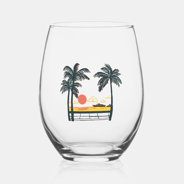 Beige Grüner Sommer Strand Stemless Wein Glas (Vorderseite)