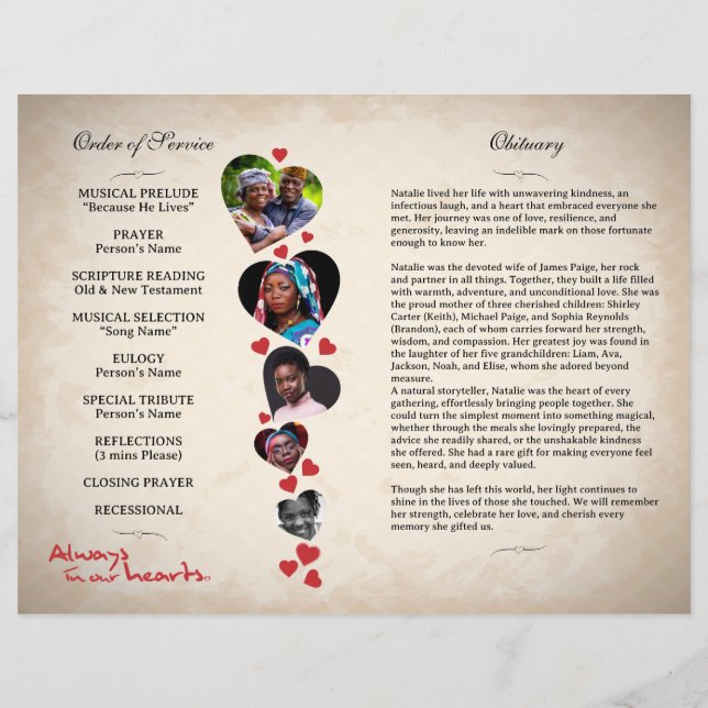 Beige-Grunge-Begräbungsprogramm zum Thema Herz Flyer (Hinten)