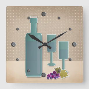 Beige Grunge Retro Vintage Weingläser Traubenmost Quadratische Wanduhr