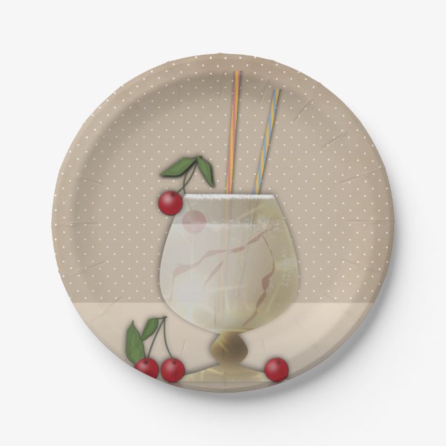 Beige Grunge Retro Vintager Cocktailkirsche Pappteller (Vorderseite)