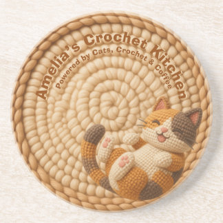 Beige Häkeln-Katzchen-Mama-individueller Name Küch Getränkeuntersetzer
