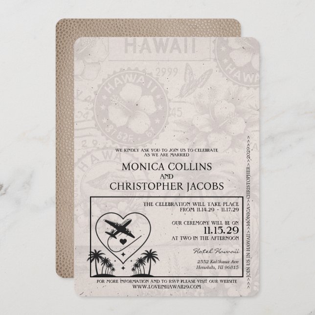 Beige Hawaii Passport Hochzeitseinladung Einladung (Vorne/Hinten)