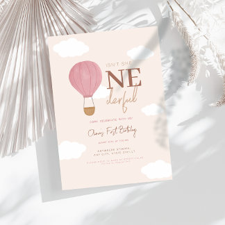Beige Heißluftballon 1. Geburtstag Einladung