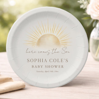 Beige Here Comes The Son Boho Boy Baby Shower Pappteller
