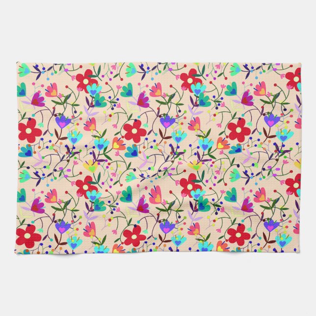 Beige Hintergrund farbenfrohe Blumenmuster Geschirrtuch (Horizontal)