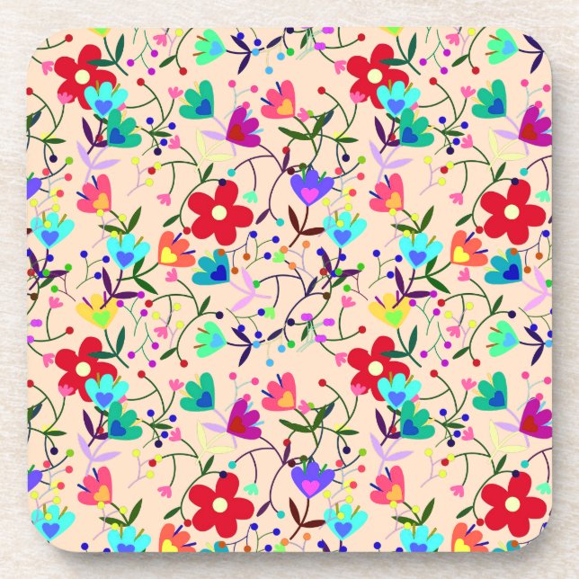 Beige Hintergrund farbenfrohe Blumenmuster Getränkeuntersetzer (Vorderseite)