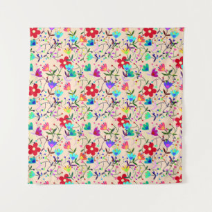 Beige Hintergrund farbenfrohe Blumenmuster Wandteppich