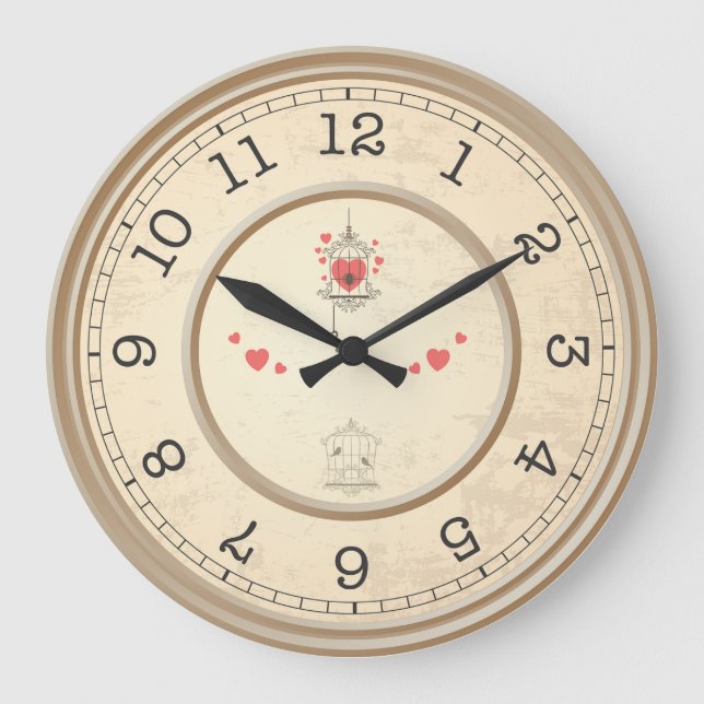 Beige Hintergrund und Herz Große Wanduhr (Vorderseite)