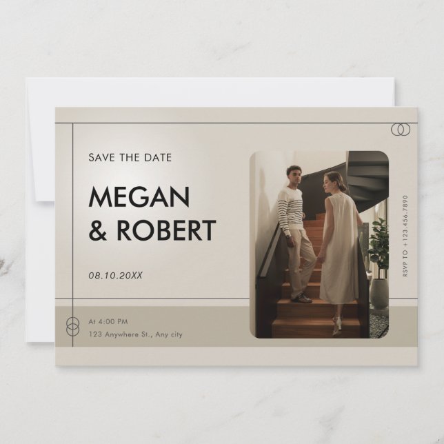 Beige Hochzeit Minimalistisches Lässiges Foto Save The Date (Vorderseite)
