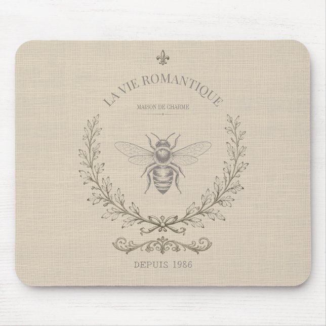 Beige Honigbiene Französisches Landhaus-Stil Vinta Mousepad (Vorne)