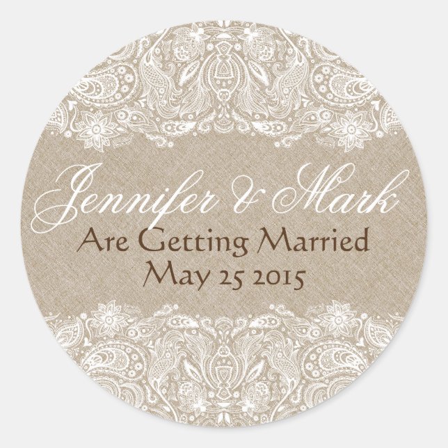 Beige Imitate Linen Burlap & White Paisley Lace Runder Aufkleber (Vorderseite)