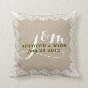 Beige Imitate Linen & White Lace Hochzeitskissen Kissen