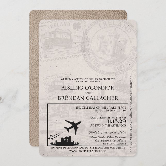Beige Ireland Passport Wedding Einladung (Vorne/Hinten)