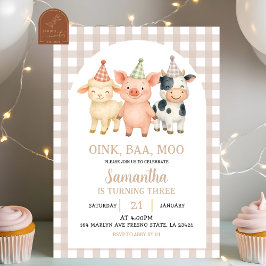 Beige Ivory Farm Party Gingham Birthday Einladung