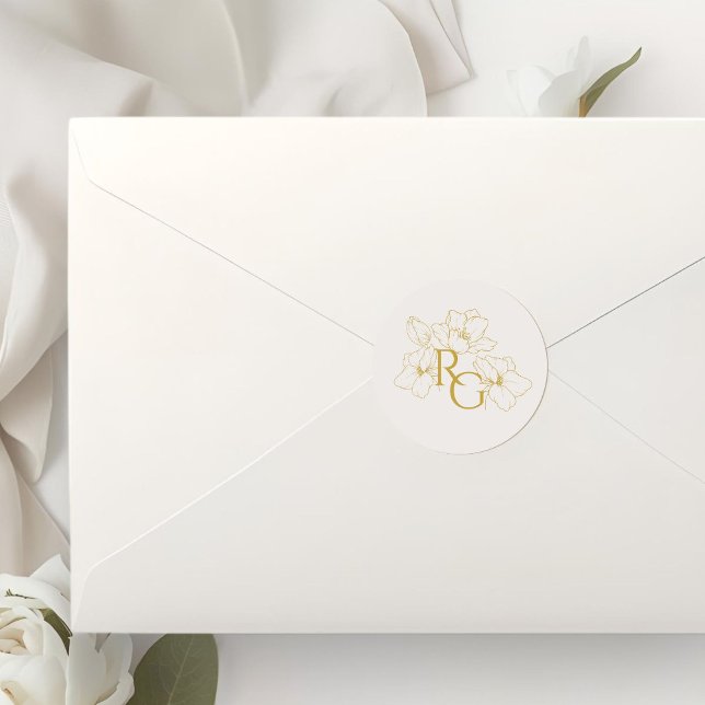 Beige Ivory | Floral Faux Gold Monogram Wedding  Runder Aufkleber (Von Creator hochgeladen)