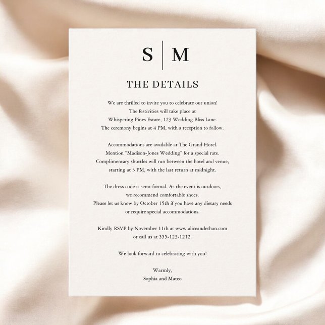 Beige Ivory Monogram Minimalistische Hochzeitdetai Begleitkarte (Von Creator hochgeladen)