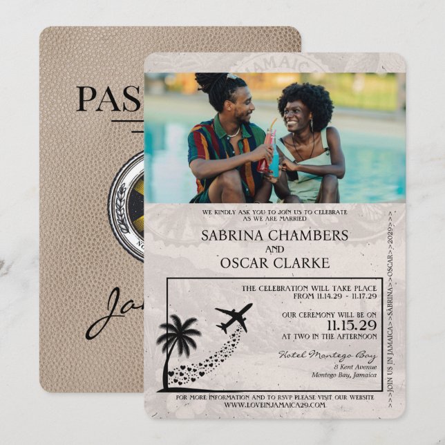 Beige Jamaica Passport Hochzeitseinladung Einladung (Vorne/Hinten)