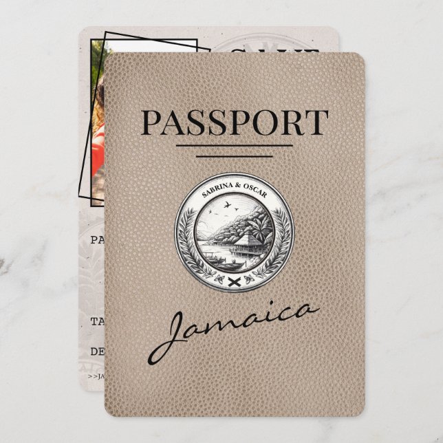 Beige Jamaica Passport Save the Date (Vorne/Hinten)