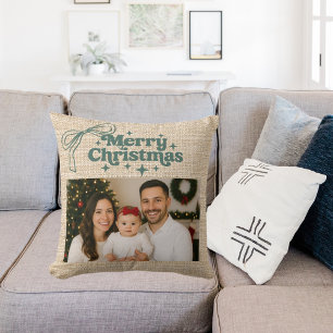Beige Jute-Foto-Schleife handgezeichnet Weihnachte Kissen