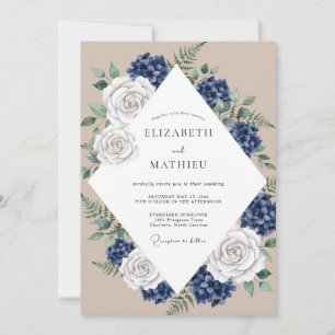 Beige Kobalt Hortensien Eukalyptus Hochzeit Einladung
