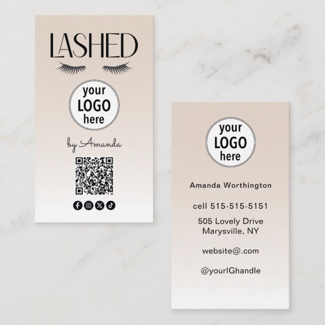 Beige Lashed Eyelashes Minimalist QR Code Social Visitenkarte (Vorne/Hinten)