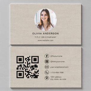 Beige Leinen-Foto mit QR-Code Social Media Visitenkarte