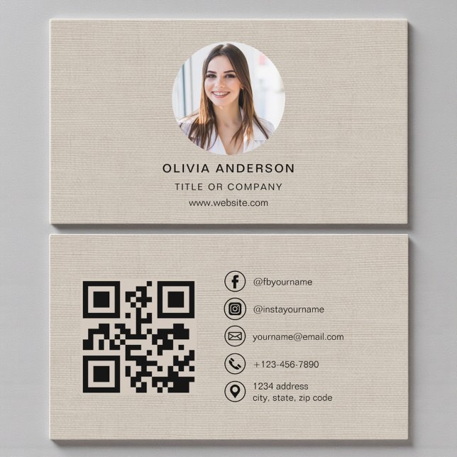 Beige Leinen-Foto mit QR-Code Social Media Visitenkarte (Von Creator hochgeladen)