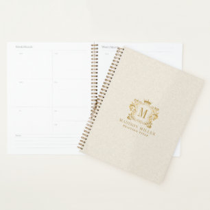 Beige Leinen Gold Royal Crest Krone Monogramm Planer