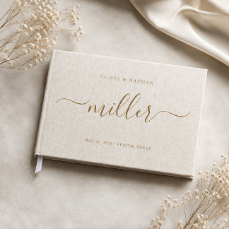 Beige Leinen Gold Schrift Chic Minimalistische Hoc Gästebuch