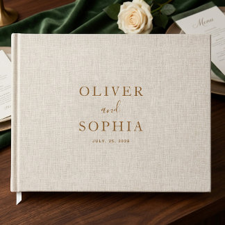Beige Leinen Gold Schrift Minimalistische Hochzeit Gästebuch
