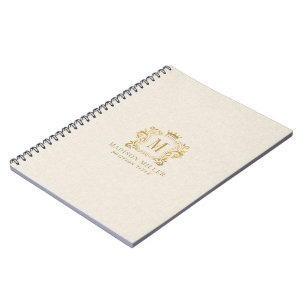 Beige Leinen Goldenes Königswappen Krone Monogramm Notizblock
