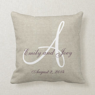 Beige Leinen Lila Weiß Monogramm Hochzeitsandenken Kissen