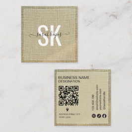 Beige Leinen Rustikales Monogramm Qr Code Quadratische Visitenkarte