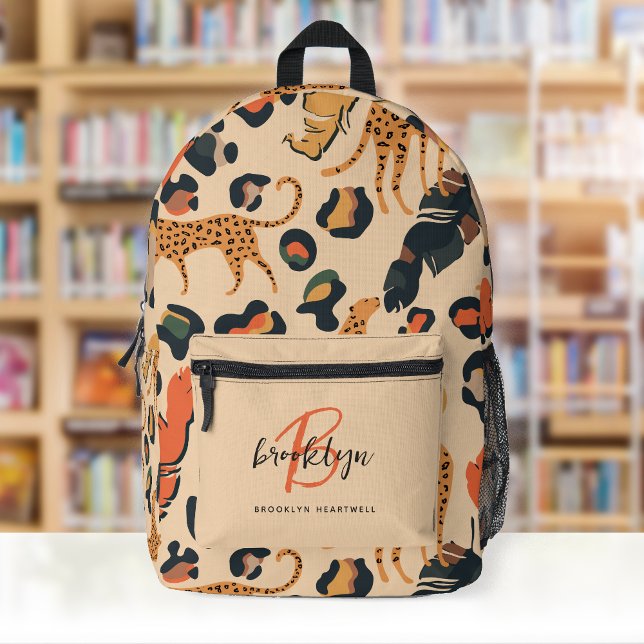 Beige Leopard Print Monogram Name Back to School Bedruckter Rucksack (Von Creator hochgeladen)
