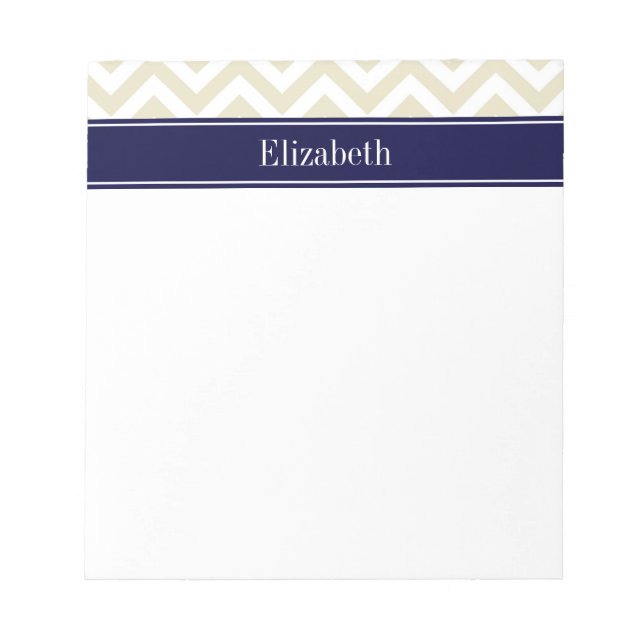 Beige Lg Zickzack Navy Blue Name Monogram Notizblock (Vorderseite)