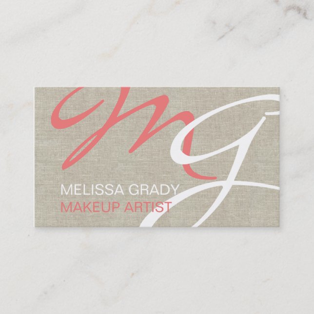 Beige Linen Coral Monogram Modern Business Card Visitenkarte (Vorderseite)