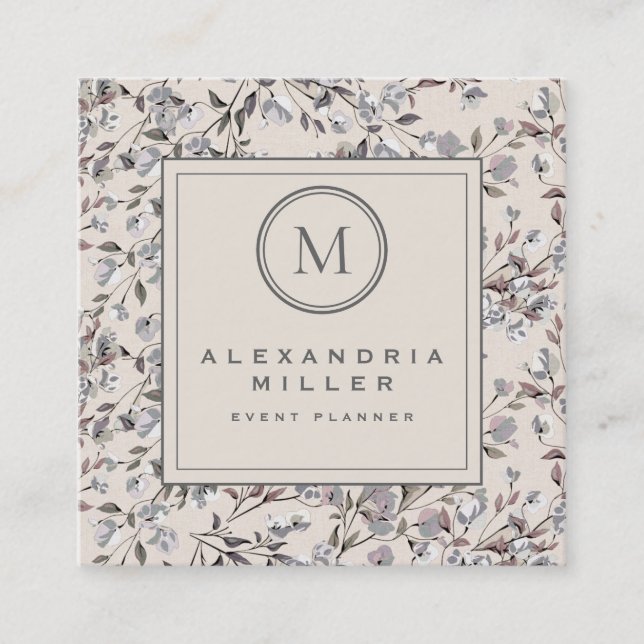 Beige Linen Elegant Floral | Monogramm Quadratische Visitenkarte (Vorderseite)