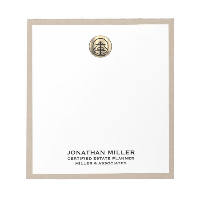 Beige Linen Elegantes Notepad mit Gold-Logo Notizblock (Vorderseite)