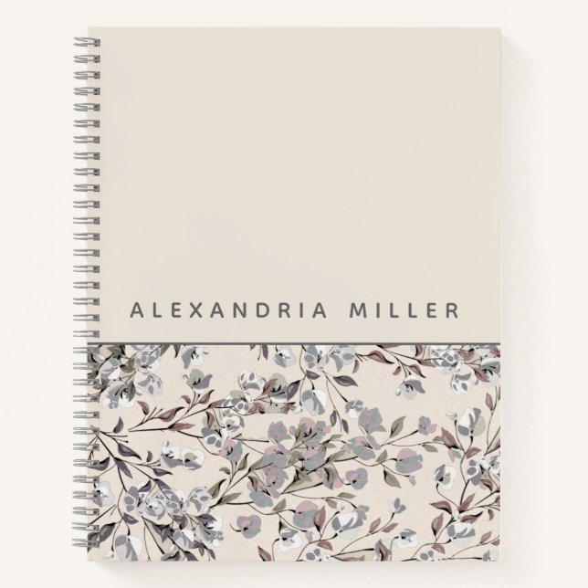 Beige Linen Floral | Personalisierter Name Notizbuch (Vorderseite)