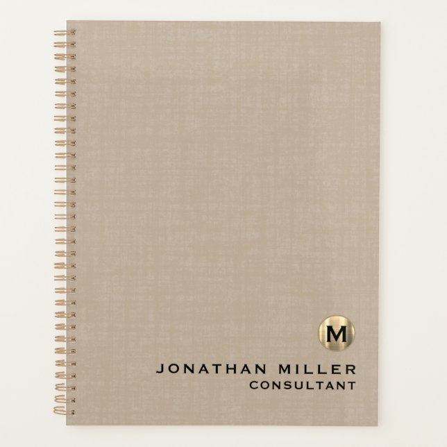Beige Linen Gold Monogram Appointing Book Planer (Vorderseite)