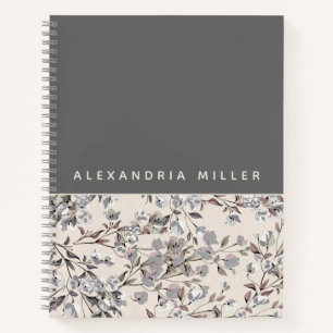 Beige Linen & Grau Floral Personalisierter Name Notizbuch