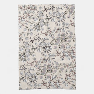 Beige Linen & Gray Elegantes Blumenmuster Geschirrtuch