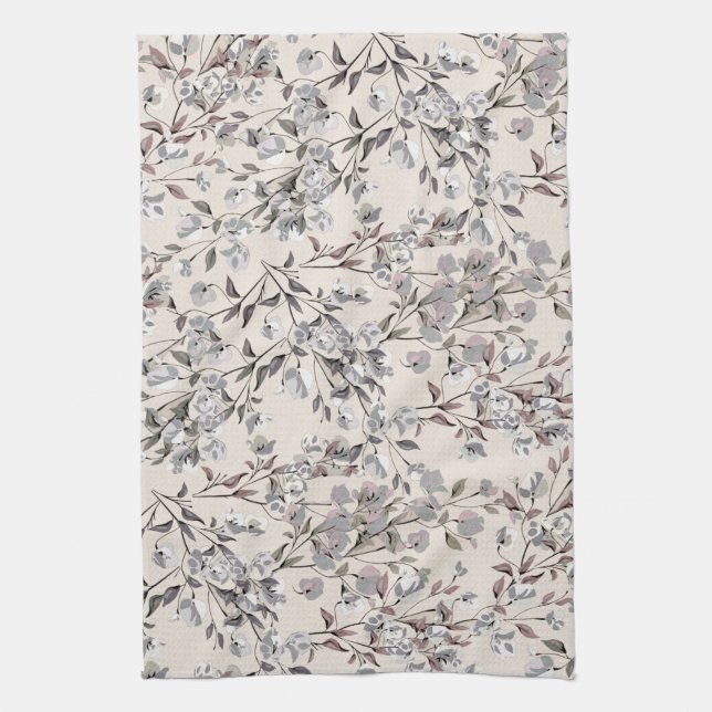 Beige Linen & Gray Elegantes Blumenmuster Geschirrtuch (Vertikal)
