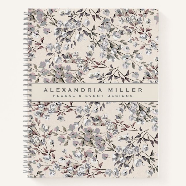 Beige Linen & Gray Elegantes Blumenmuster Notizbuch (Vorderseite)