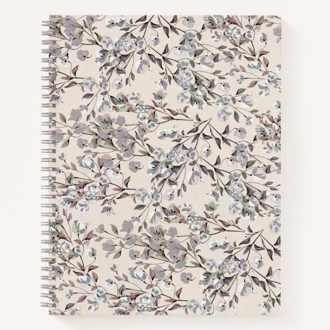 Beige Linen & Gray Elegantes Blumenmuster Notizbuch (Vorderseite)