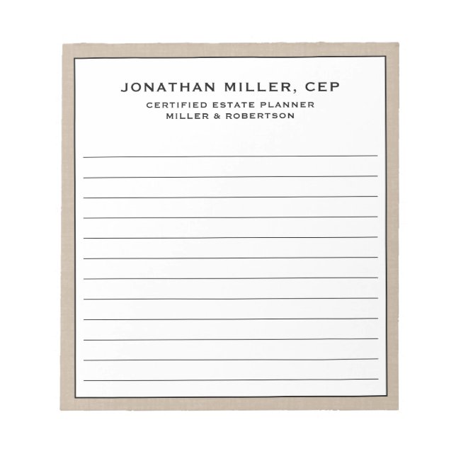 Beige Linen Name Name Unternehmen Notepad Notizblock (Vorderseite)