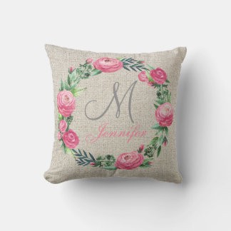 BEIGE LINEN PINK ROSES UND WASSERFARBENE BLÄTTER KISSEN